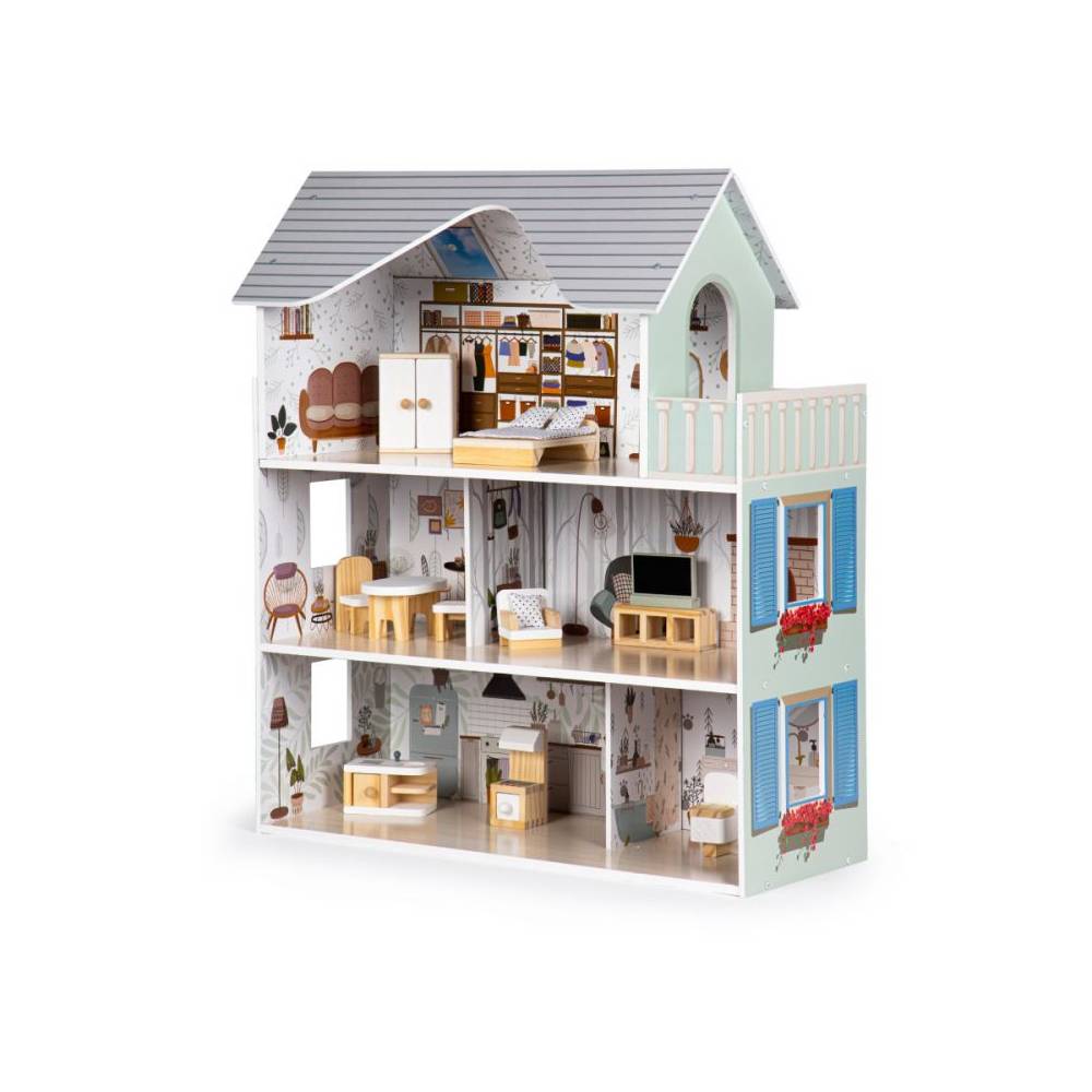 Casuta de Joaca Pentru Copii Emma Residence, Bigshot BS8301MC, 3 Niveluri, 5 Incaperi, Baie, Bucatarie, Terasa, 17 piese de mobilier, 70 x 24 x 60 cm, Multicolora