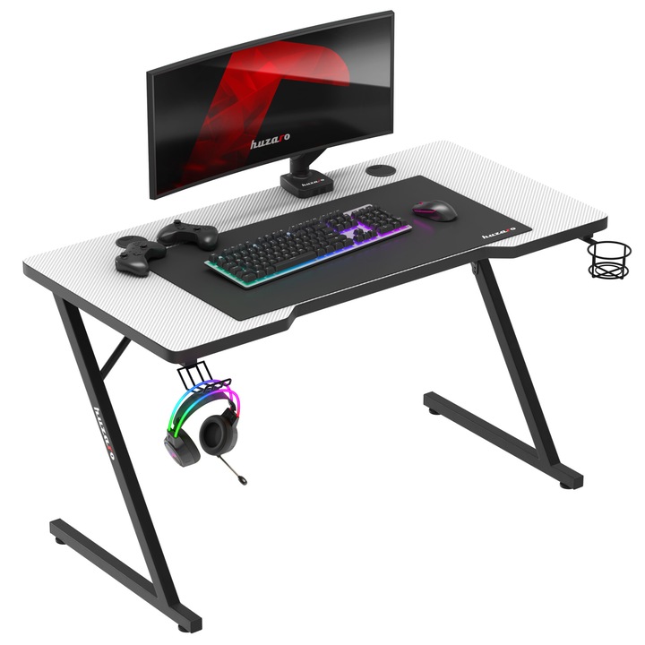 Бюро Gaming Huzaro Hero 2.5, HDF/Алуминий, Бял/Черен, 120x60x75 см