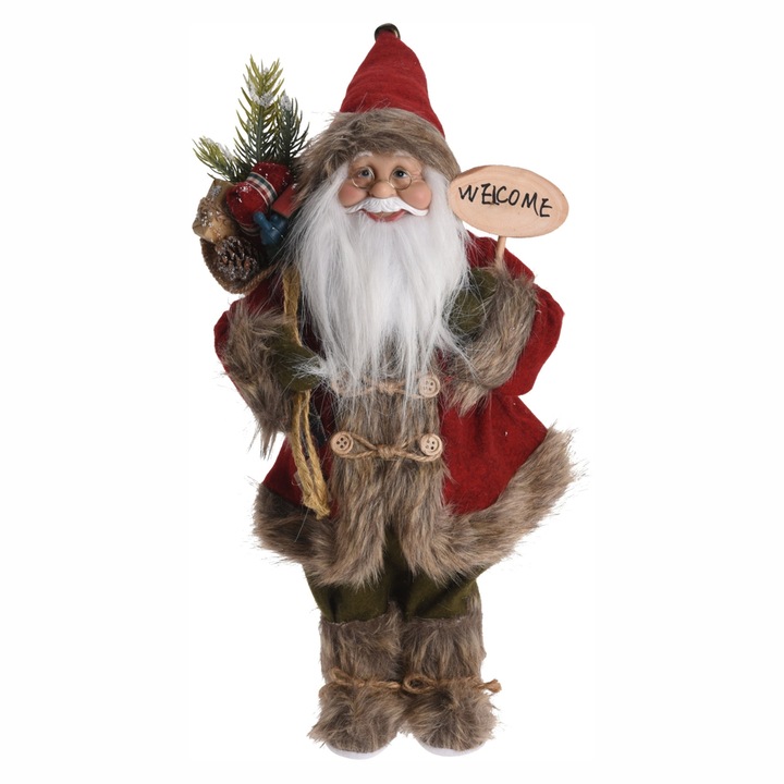 Decoratiune Mos Craciun, costum blana sintetica, plastic si textil, inaltime 80 cm