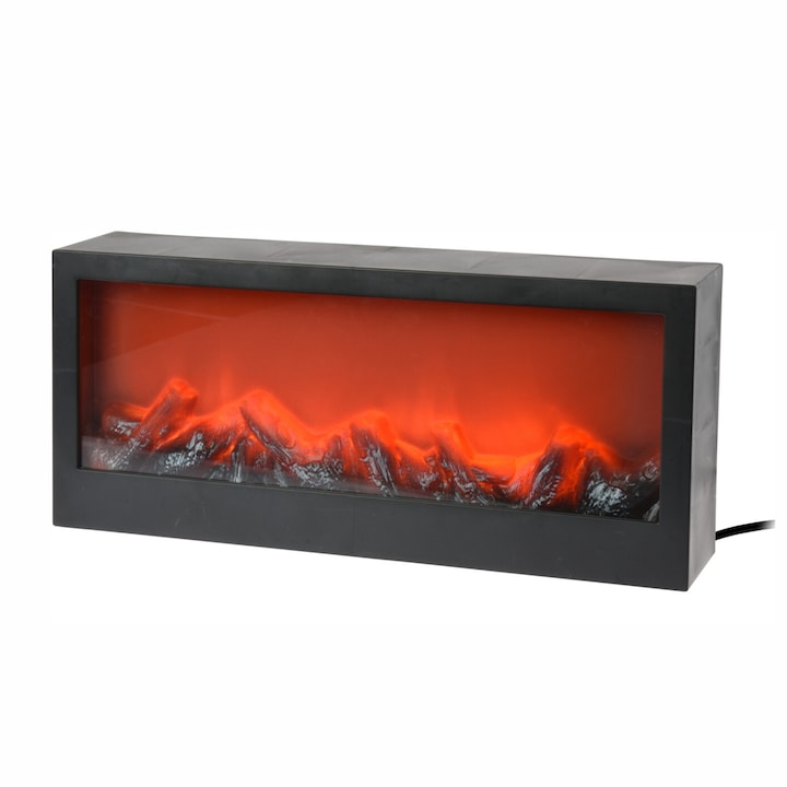 Камина с 3D ефект горяща дървесина, правоъгълна, пластмасова, черна, 45 см