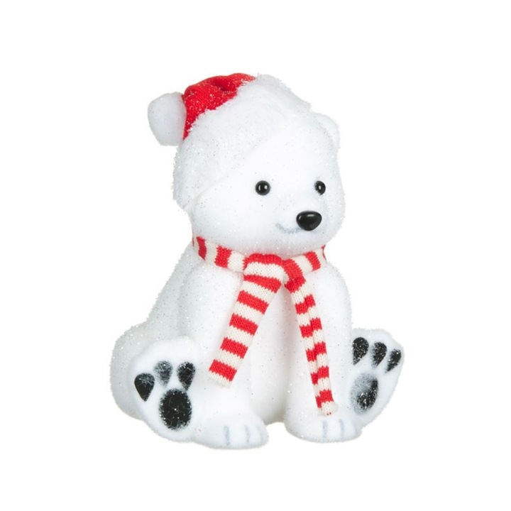 Dekoratív figura Jegesmedve sállal és sapkával, Fehér - Piros, 30 cm