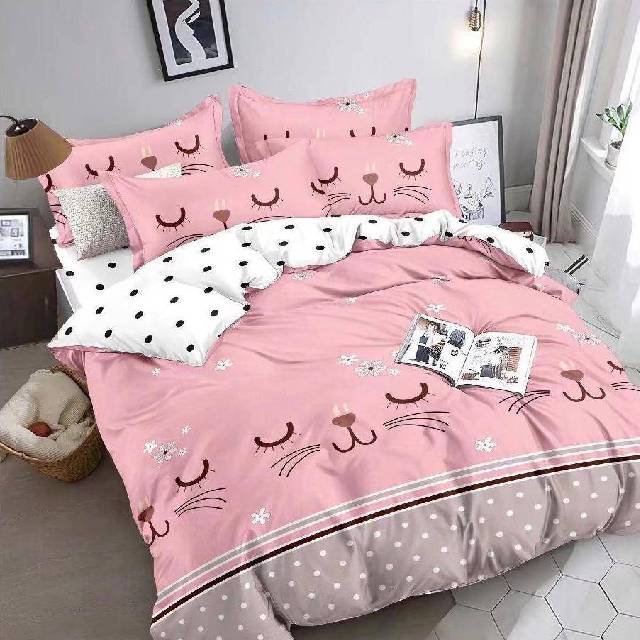 Lenjerie 6 piese din Bumbac Finet, model Pink Meow 235 x 240
