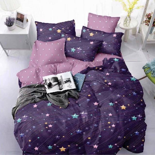 Lenjerie 6 piese din Bumbac Finet, model Purple Stars 235 x 240