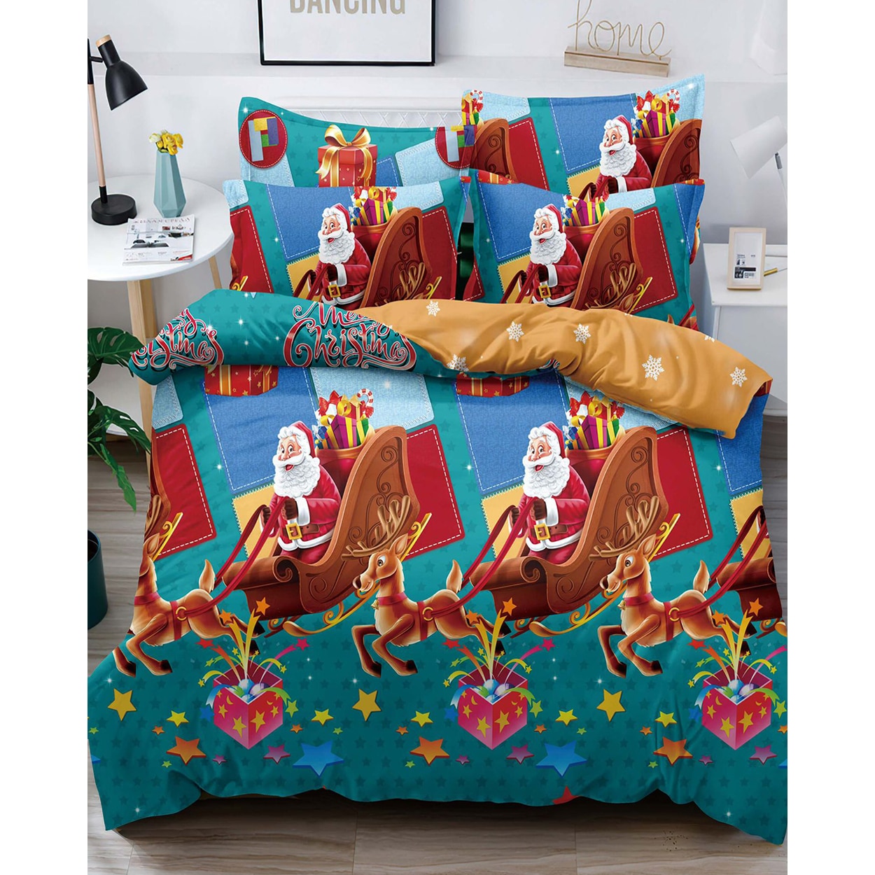 Lenjerie de Pat din Finet cu 2 Fete, 6 Piese, Pat 2 Persoane, Santa's Sleigh, FNJC-09