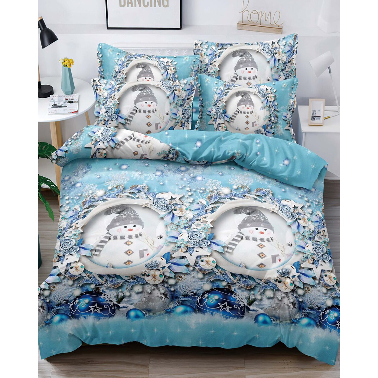 Lenjerie de Pat din Finet cu 2 Fete, 6 Piese, Pat 2 Persoane, Snowman, FNJC-14