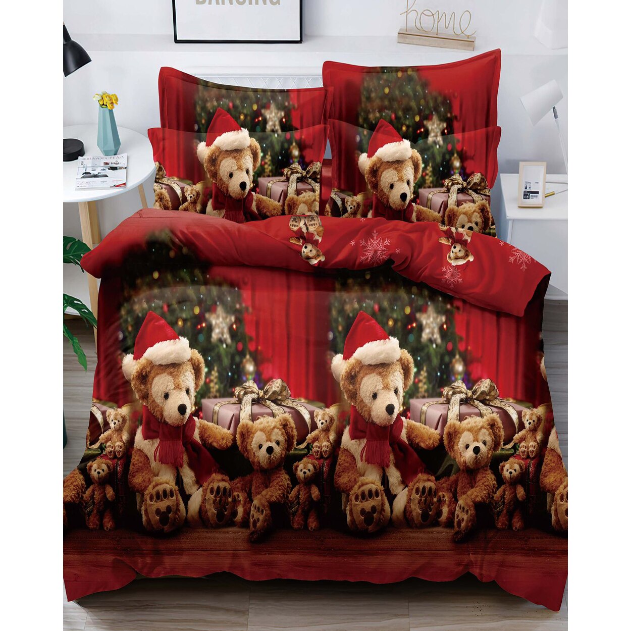 Lenjerie de Pat din Finet cu 2 Fete, 6 Piese, Pat 2 Persoane, Christmas Bear, FNJC-10