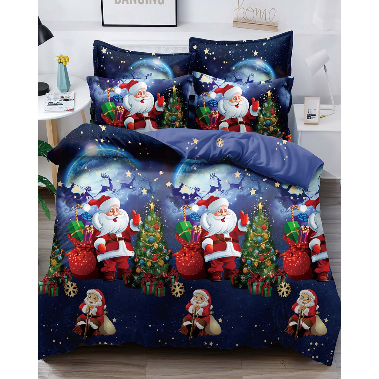 Lenjerie de Pat din Finet cu 2 Fete, 6 Piese, Pat 2 Persoane,Santa And The Presents, FNJC-12