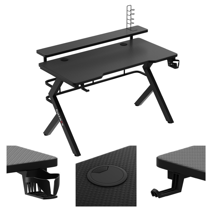 Birou Gaming cu Suport pentru Monitor, Huzaro, Hero 5.0, Carbon, 120 x 60 x 69.5 cm, Picioare Reglabile, Suporturi pentru Casti, Cani, Tampoane, Discuri si Difuzoare, Intrari de Cablu, Aluminiu/MDF, Negru