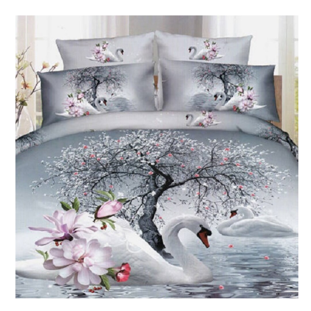 Lenjerie de pat 3D, 2 persoane, 50% bumbac 50% poliester, 4 piese, King Size, Swan