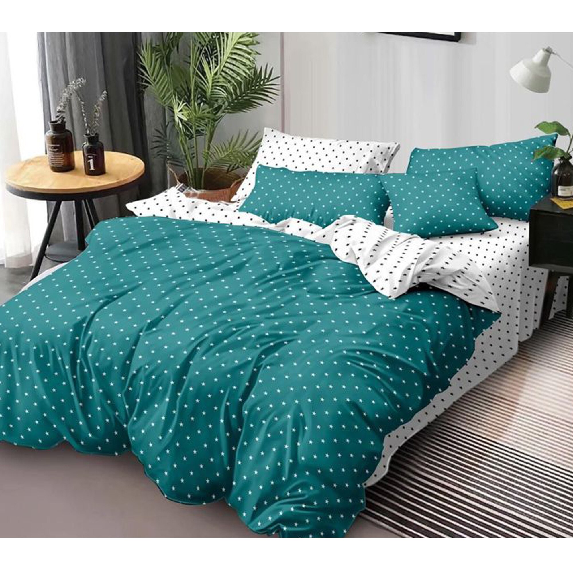Set lenjerie de pat, Vamira, 2 persoane, 6 piese, bumbac, verde/alb