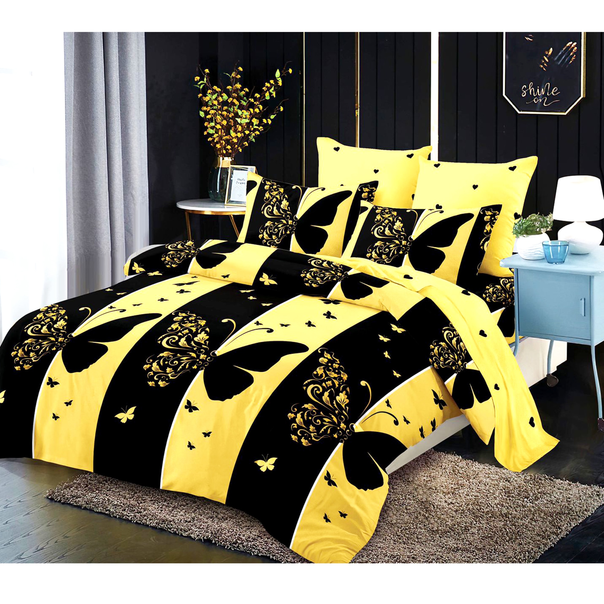 Set lenjerie de pat, Vamira, 2 persoane, 6 piese, bumbac, fluturi