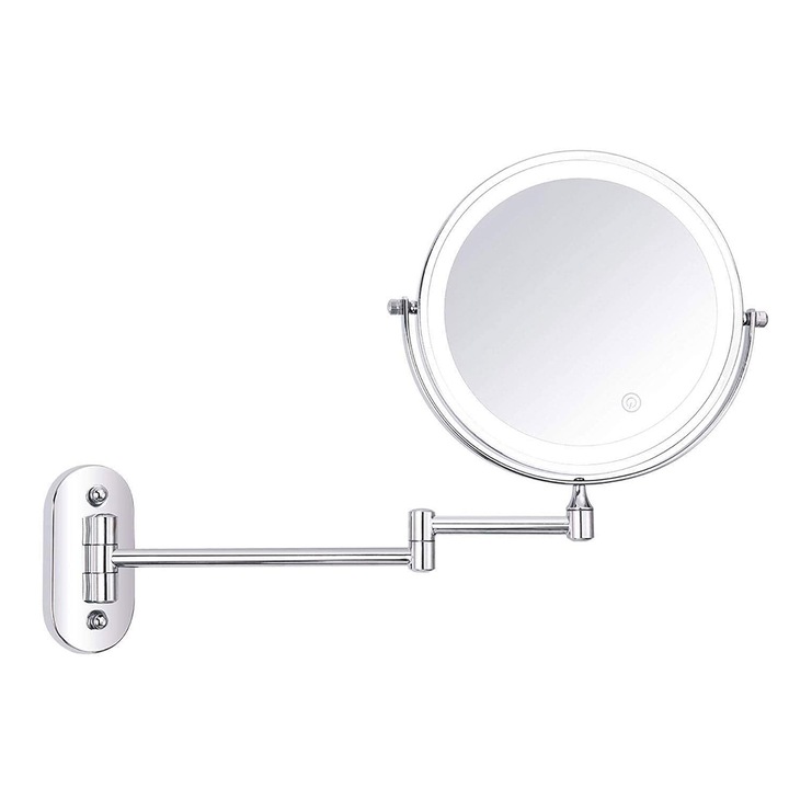 Oglinda cosmetica LED, NUODWELL, Buton tactil, Diametru 15cm, Pivotanta 360 ° si verticala, Argintiu