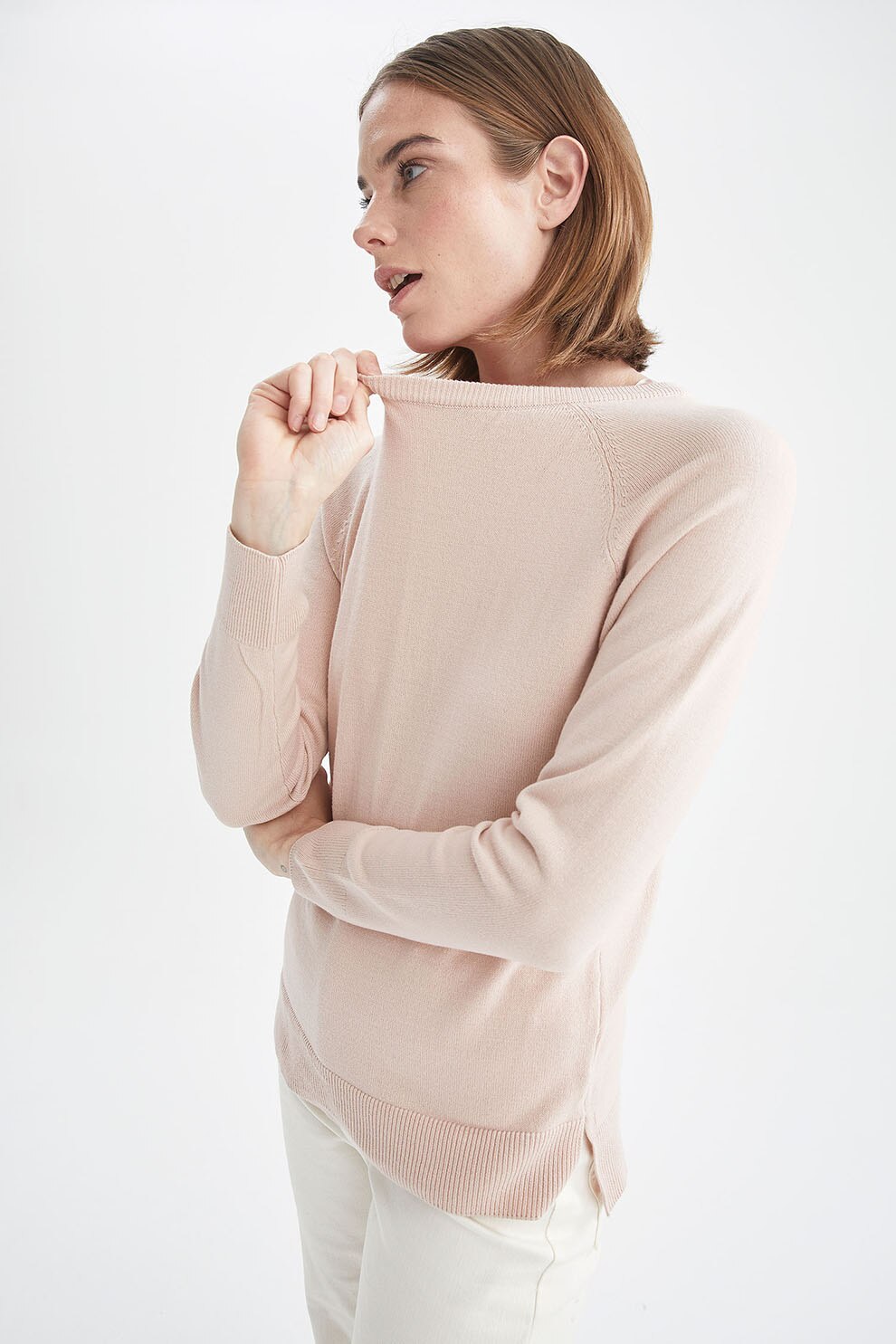 DeFacto, Pulover tricotat fin cu maneci raglan, Roz pal