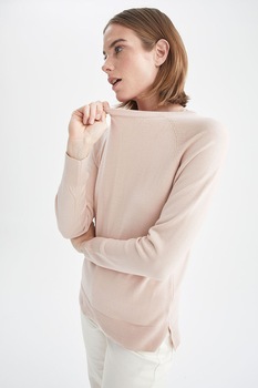 DeFacto, Pulover tricotat fin cu maneci raglan, Roz pal DeFacto, Pulover tricotat fin cu maneci raglan, Roz pal
