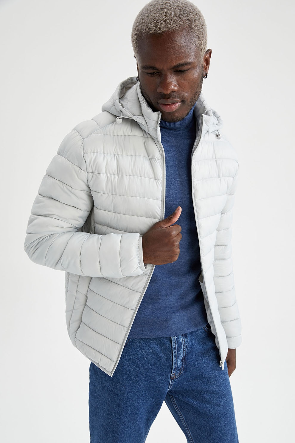 DeFacto, Geaca slim fit cu aspect matlasat, Gri deschis