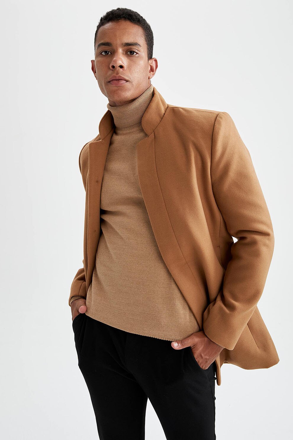 DeFacto, Palton scurt slim fit cu buzunare laterale, Maro camel