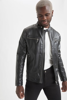 DeFacto, Jacheta slim fit de piele ecologica, Negru DeFacto, Jacheta slim fit de piele ecologica, Negru