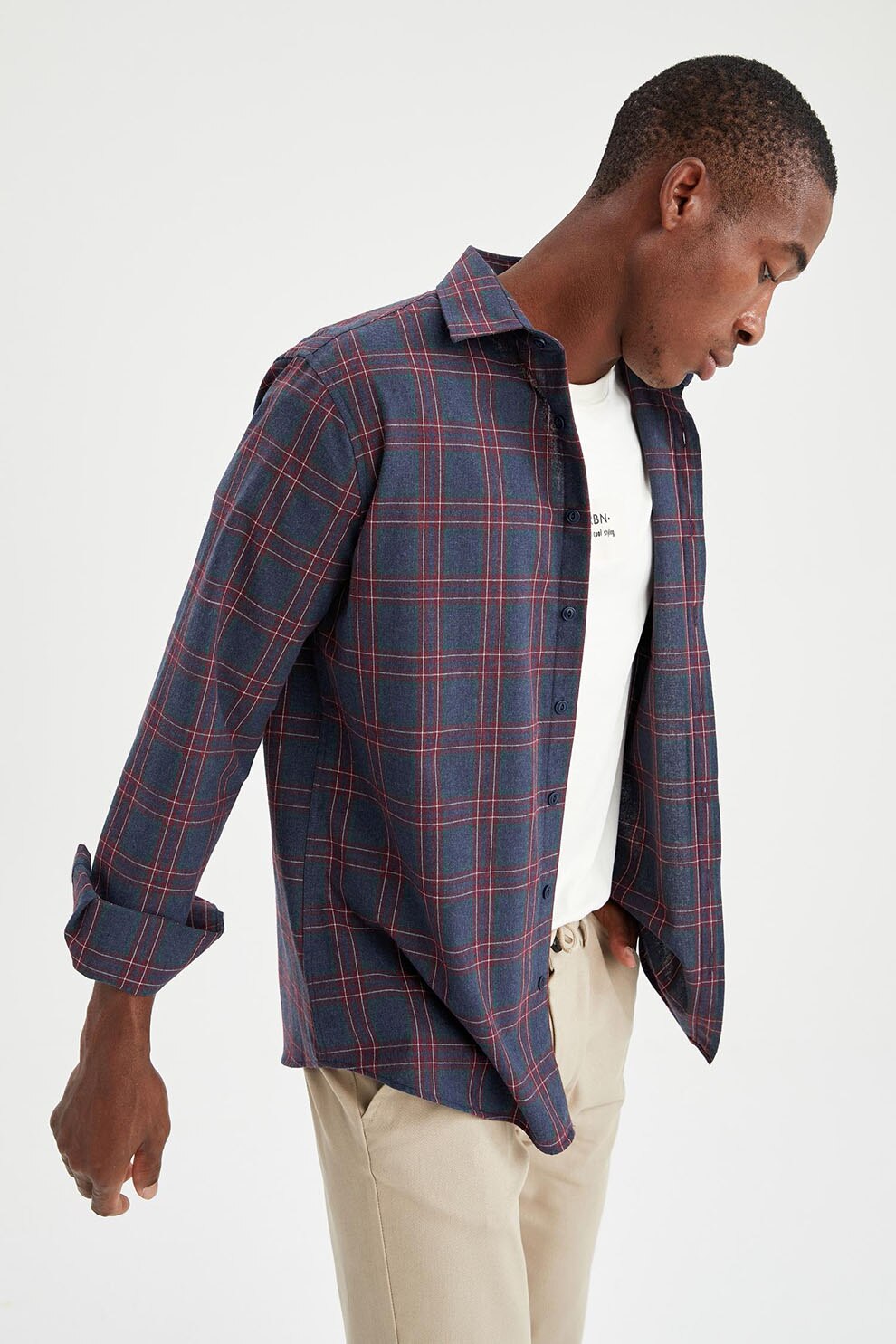 DeFacto, Camasa in carouri cu buzunar pe piept, Bleumarin/Rosu inchis