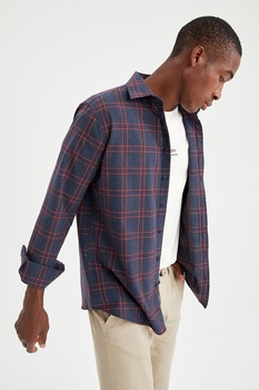 DeFacto, Camasa in carouri cu buzunar pe piept, Bleumarin/Rosu inchis, S DeFacto, Camasa in carouri cu buzunar pe piept, Bleumarin/Rosu inchis, S