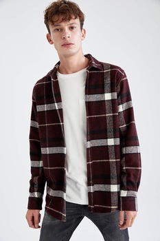 DeFacto, Camasa regular fit in carouri, Violet tyrian/Negru/Alb DeFacto, Camasa regular fit in carouri, Violet tyrian/Negru/Alb