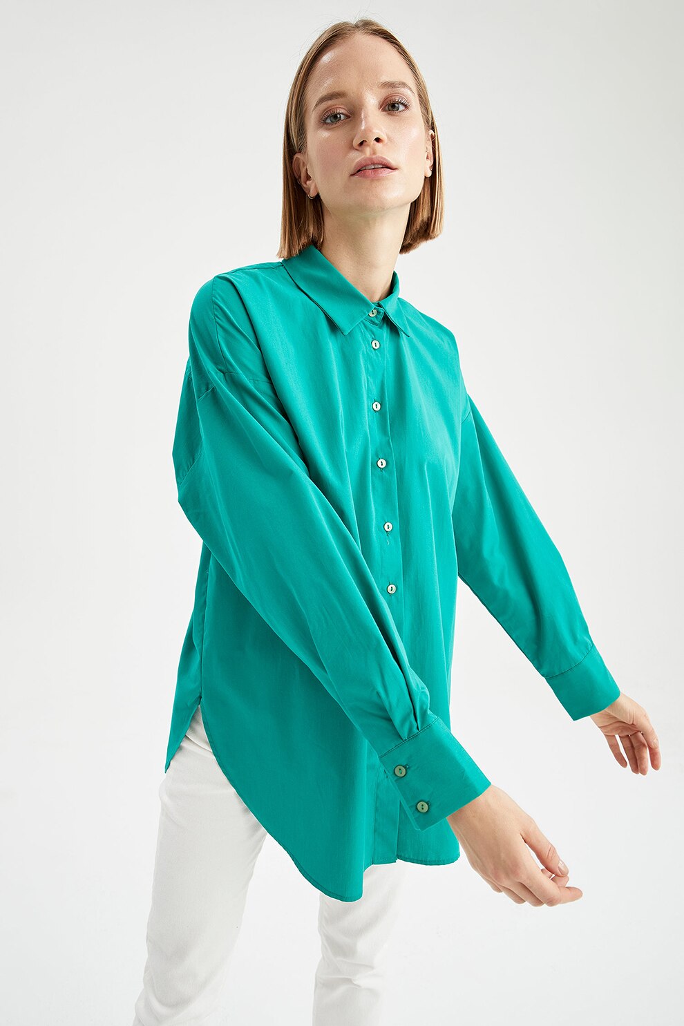 DeFacto, Camasa supradimensionata de bumbac cu maneci cazute, Verde persan