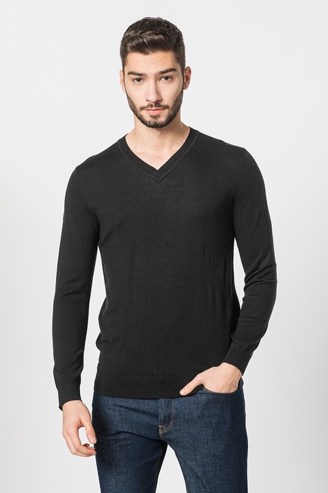 Superdry & Co, Пуловер с вълна с шпиц деколте, Черен, XL