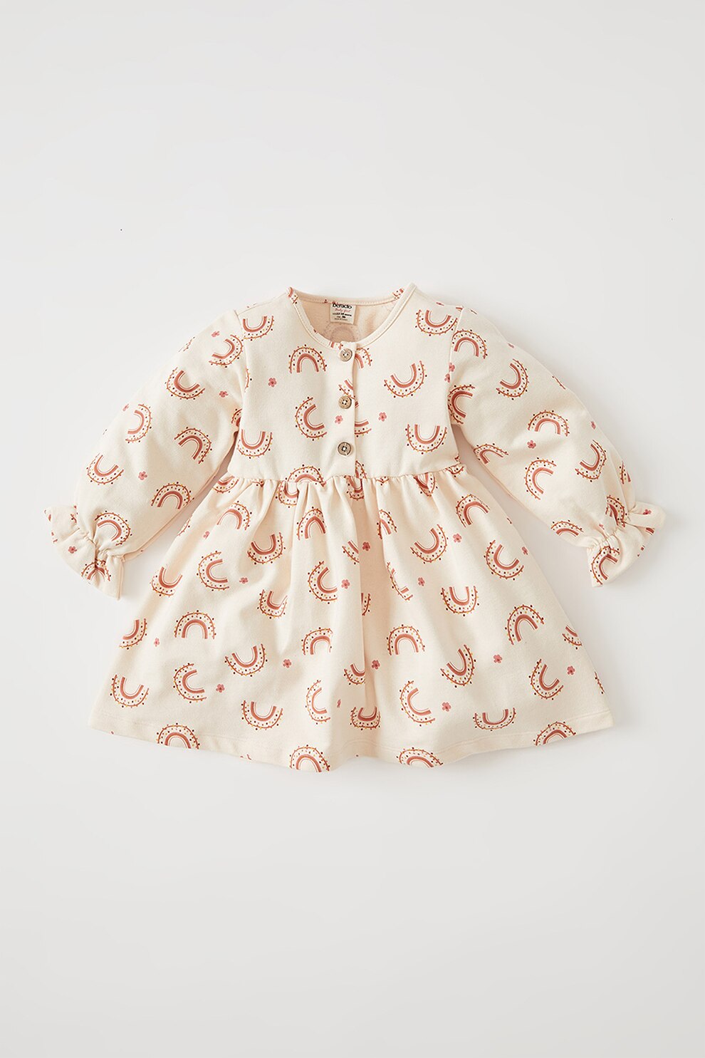 DeFacto, Rochie evazata cu imprimeu si fenta cu nasturi, Roz piersica/Oranj stins