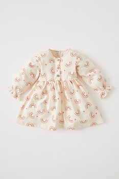 DeFacto, Rochie evazata cu imprimeu si fenta cu nasturi, Roz piersica/Oranj stins DeFacto, Rochie evazata cu imprimeu si fenta cu nasturi, Roz piersica/Oranj stins