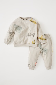 DeFacto, Set de bluza sport cu imprimeu si pantaloni sport - 2 piese, Alb prafuit/galben DeFacto, Set de bluza sport cu imprimeu si pantaloni sport - 2 piese, Alb prafuit/galben