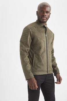 DeFacto, Jacheta de piele ecologica cu buzunare oblice, Kaki DeFacto, Jacheta de piele ecologica cu buzunare oblice, Kaki