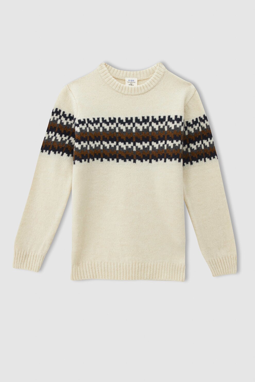 DeFacto, Pulover cu decolteu la baza gatului si guler cu striatii, Alb fildes/maro/verde
