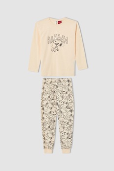 DeFacto, Pijama de bumbac cu imprimeu Snoopy, Roz piersica/Maro inchis DeFacto, Pijama de bumbac cu imprimeu Snoopy, Roz piersica/Maro inchis