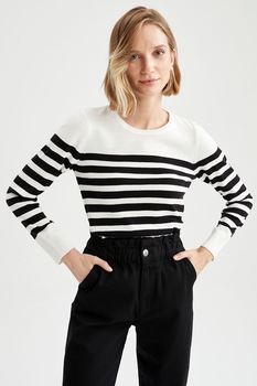 DeFacto, Pulover cu dungi si decolteu rotund, Alb/Negru DeFacto, Pulover cu dungi si decolteu rotund, Alb/Negru