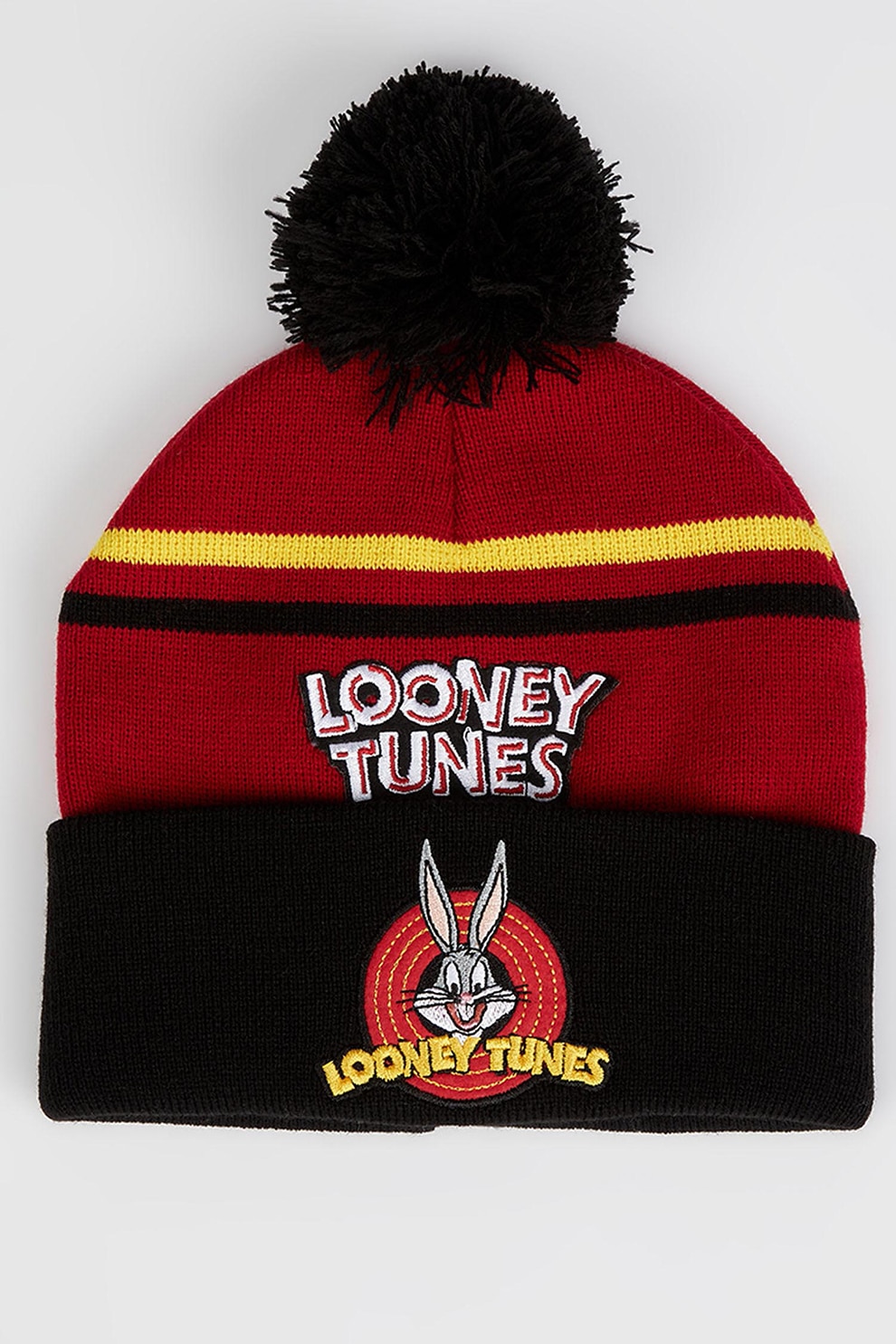DeFacto, Caciula cu ciucure si broderie Looney Tunes, rosu inchis, negru, galben