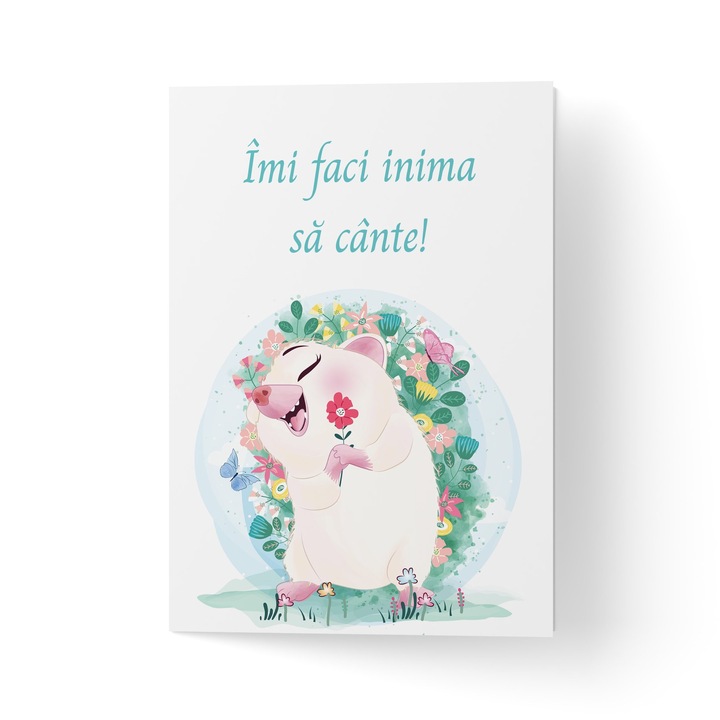 Üdvözlőlap borítékkal, prémium texturált papír - virágokkal díszített sündisznó