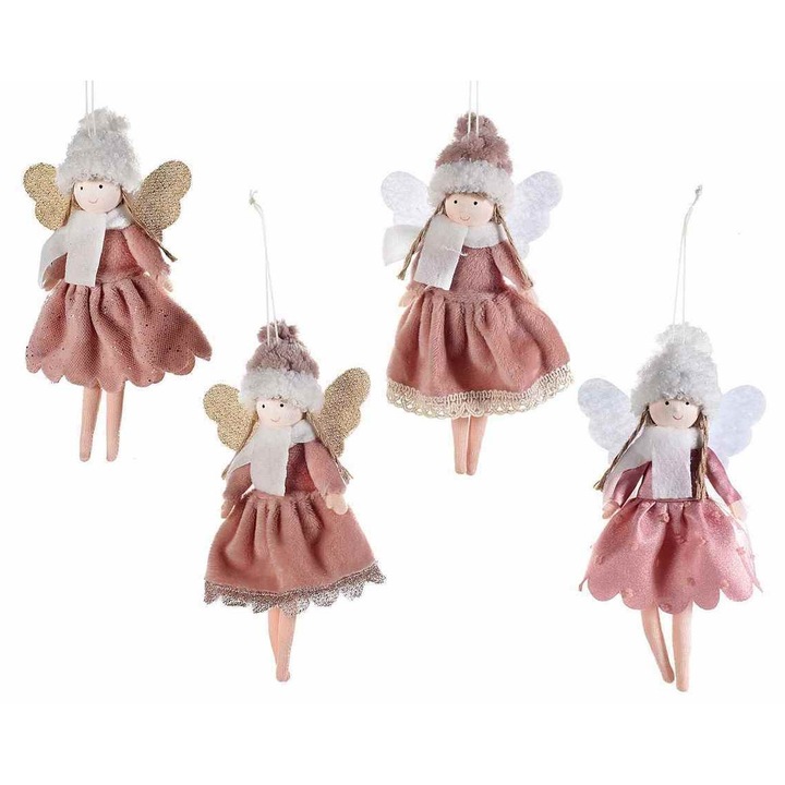 Set 4 ornamente brad din textil roz model Ingeri 10x18 cm