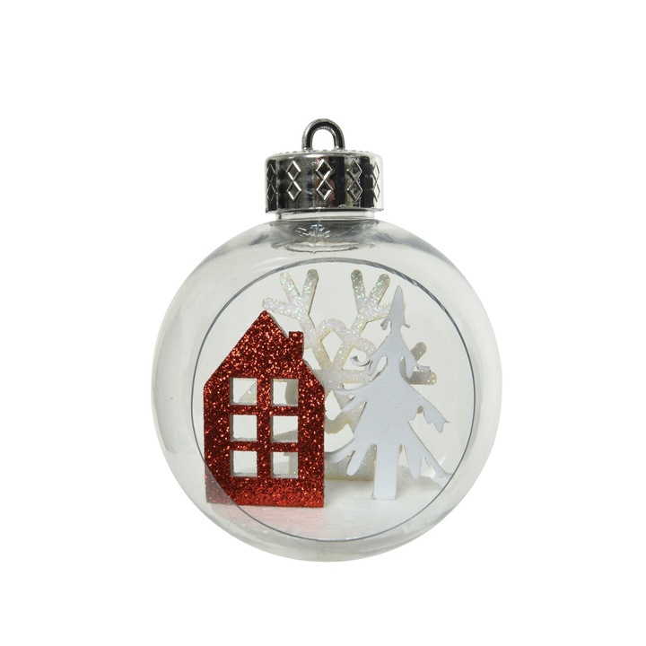Коледна топка Decoris, Къща на дърво, O 8 см, Пластмаса, Червен/Бял