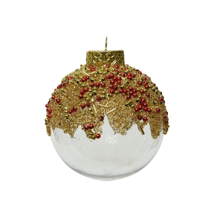 Украса за елха Decoris, Модел Златисти и червени мъниста, Пластмаса, Червен/Златист, Ø8 см