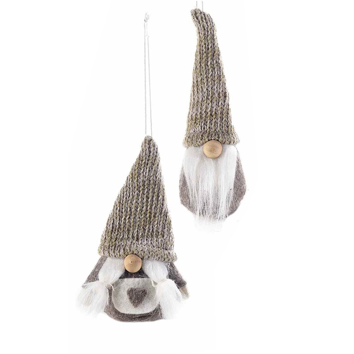 Set 2 ornamente de brad din textil alb bej Model Mos Craciun si Craciunita 4x11 cm