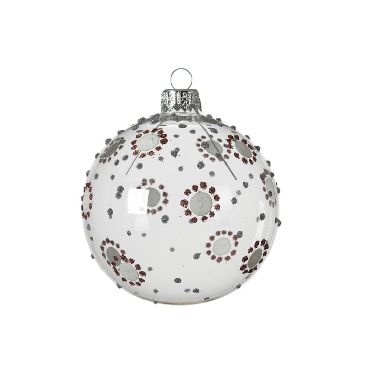 Коледна топка Decoris, Ballotine, Диаметър 8 см, Стъкло, Бял/Сребрист