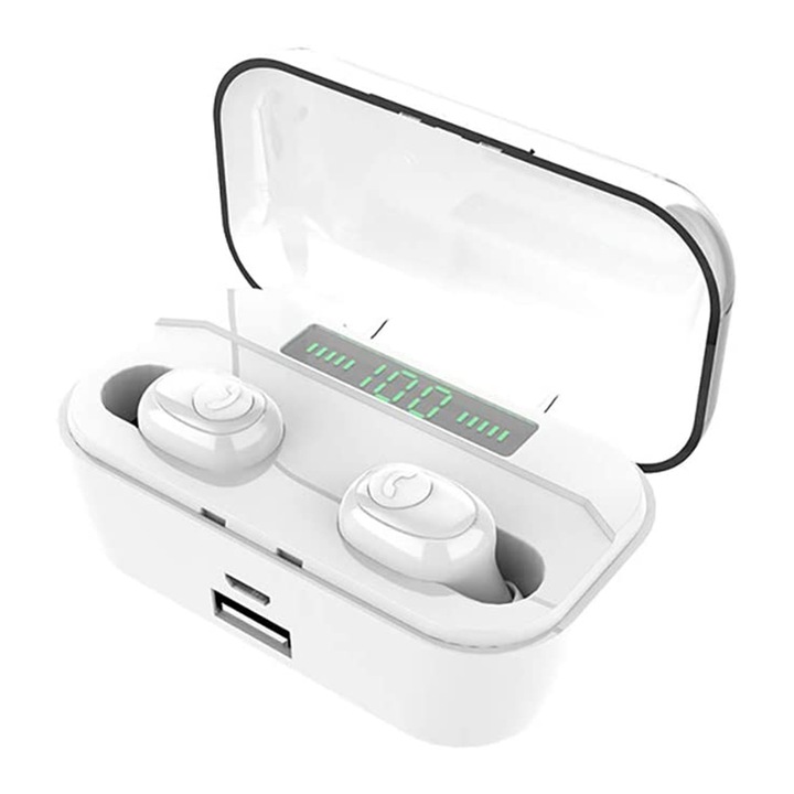 Безжични слушалки Aziao Optim Tech, TWS за намаляване на шума, Bluetooth 5.0, батерия, цифров дисплей, бели