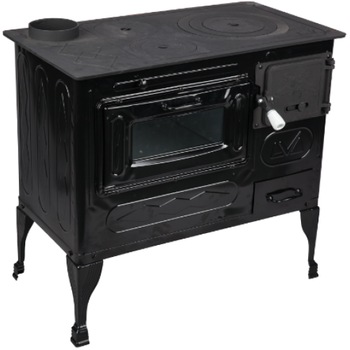 Soba de Gatit, pe lemne, Evacuare 130 mm, Burlan pe partea Dreapta, cu plita si cuptor, 800 x 800 x 430 mm, Negru, Email Soba de Gatit, pe lemne, Evacuare 130 mm, Burlan pe partea Dreapta, cu plita si cuptor, 800 x 800 x 430 mm, Negru, Email