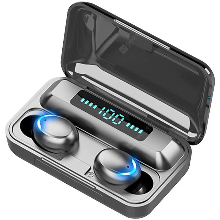 NYTRO F9 Plus bluetooth слушалки, Bluetooth 5.0, Докинг станция за транспортиране и зареждане с дисплей, Powerbank, Control Touch, черни