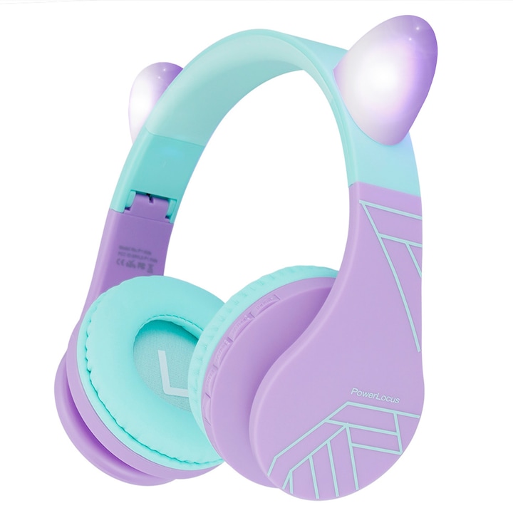 Детски слушалки PowerLocus P1, Bluetooth, Micro SD slot, LED светлини, Зелено/Лилаво
