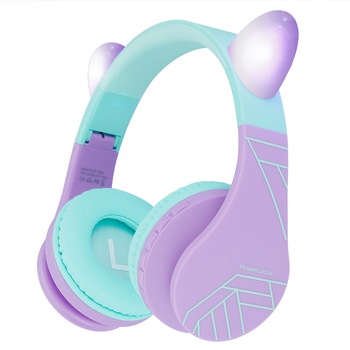Casti Audio pentru copii, LED lumini, wireless, PowerLocus P1,Teal/Violet Casti Audio pentru copii, LED lumini, wireless, PowerLocus P1,Teal/Violet