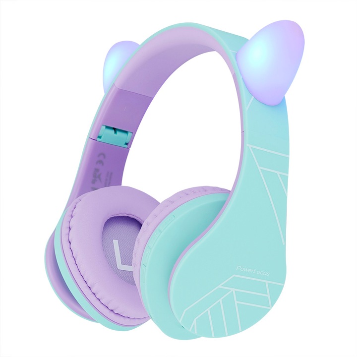 PowerLocus P2 Bluetooth fejhallgató, 85DB Csökkentett hangerőszint, gyerekeknek, Lila/Kékeszöld