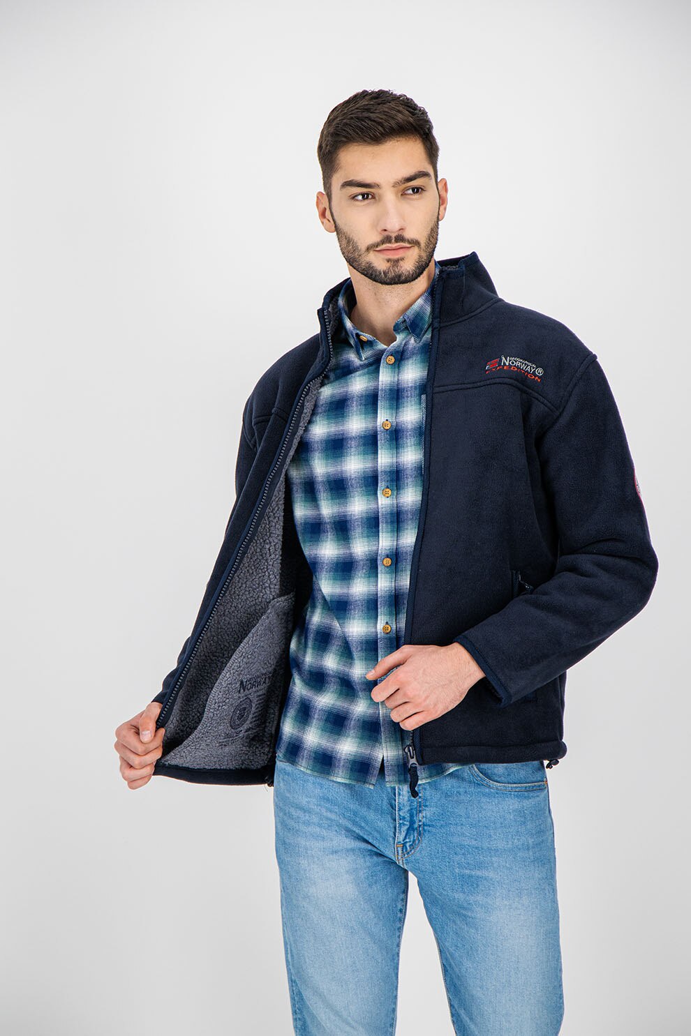 Geographical Norway, Bluza sport cu fermoar si broderie logo Usine, Bleumarin