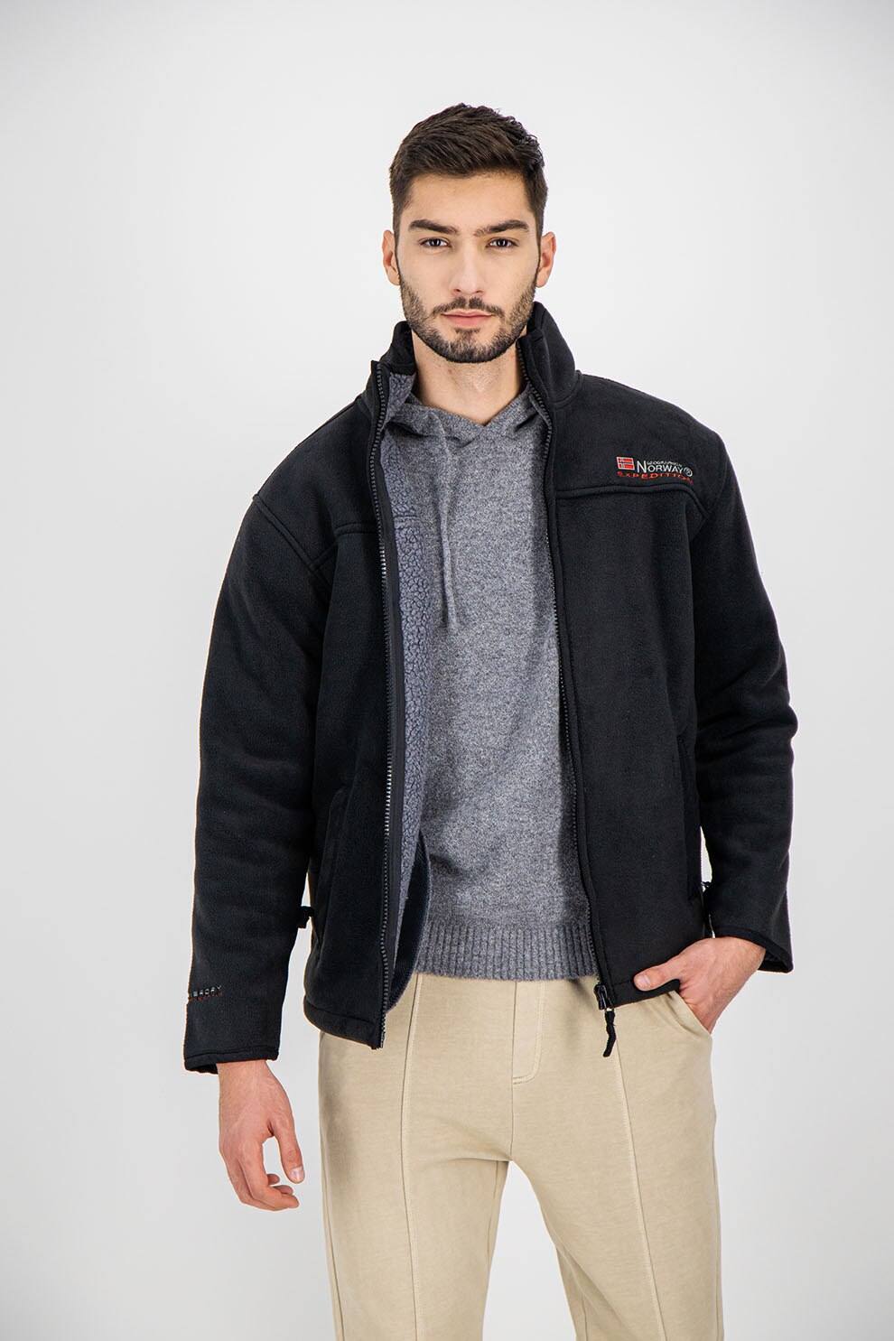 Geographical Norway, Bluza sport cu fermoar si broderie logo Usine, Negru