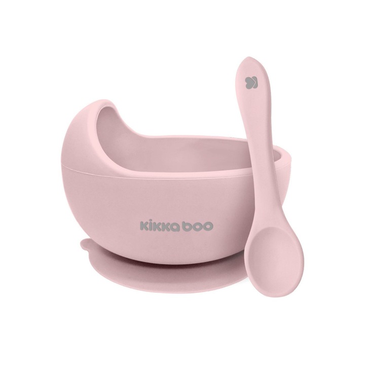 KikkaBoo Yummy szilikon tál és kanál szett, rózsaszín