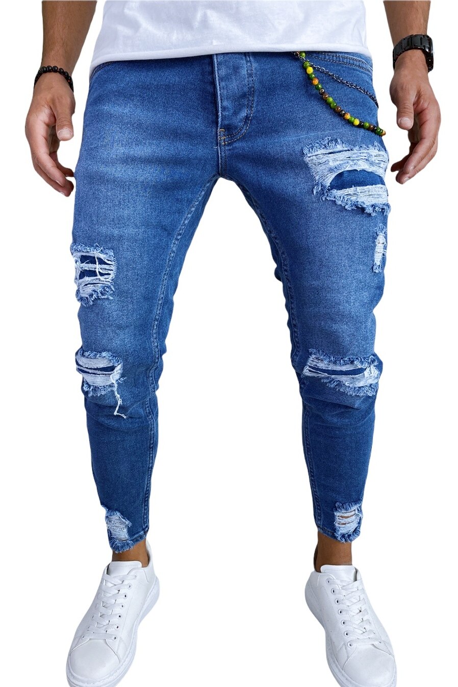 Blugi slim fit cu rupturi dehaine 6156, Albastru